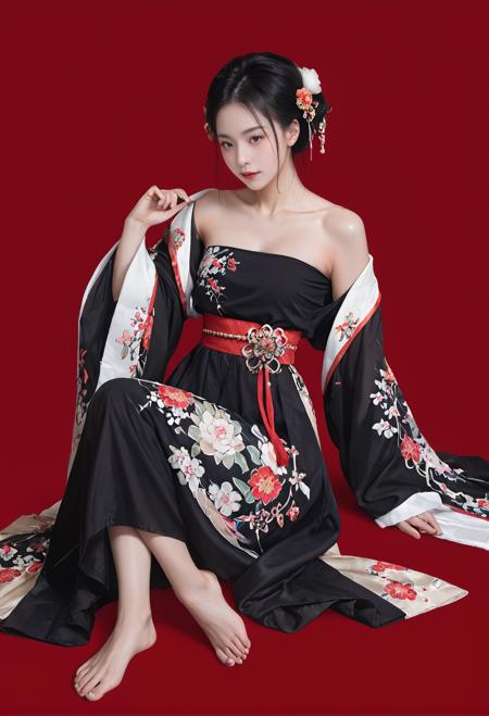 29649-1995877654-red background,1girl,solo,,ruanyi0766,floral print,hanfu,jewelry,off shoulder,wide sleeves,barefoot,strapless,black dress,_lora_.png